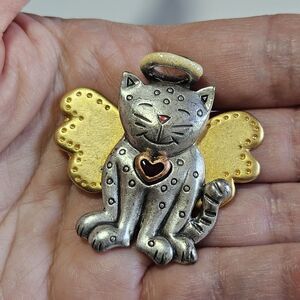 Cat Angel Pin Metal Brooch Vintage AJMC Silver Tone And Gold Tone